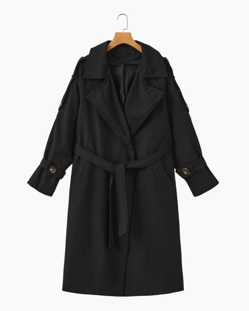 Belted Trench Coat with Storm Flaps and Cuff Straps - Black