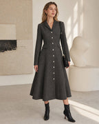 Button Through Maxi Dress with Notch Collar and Flared Skirt - Grey