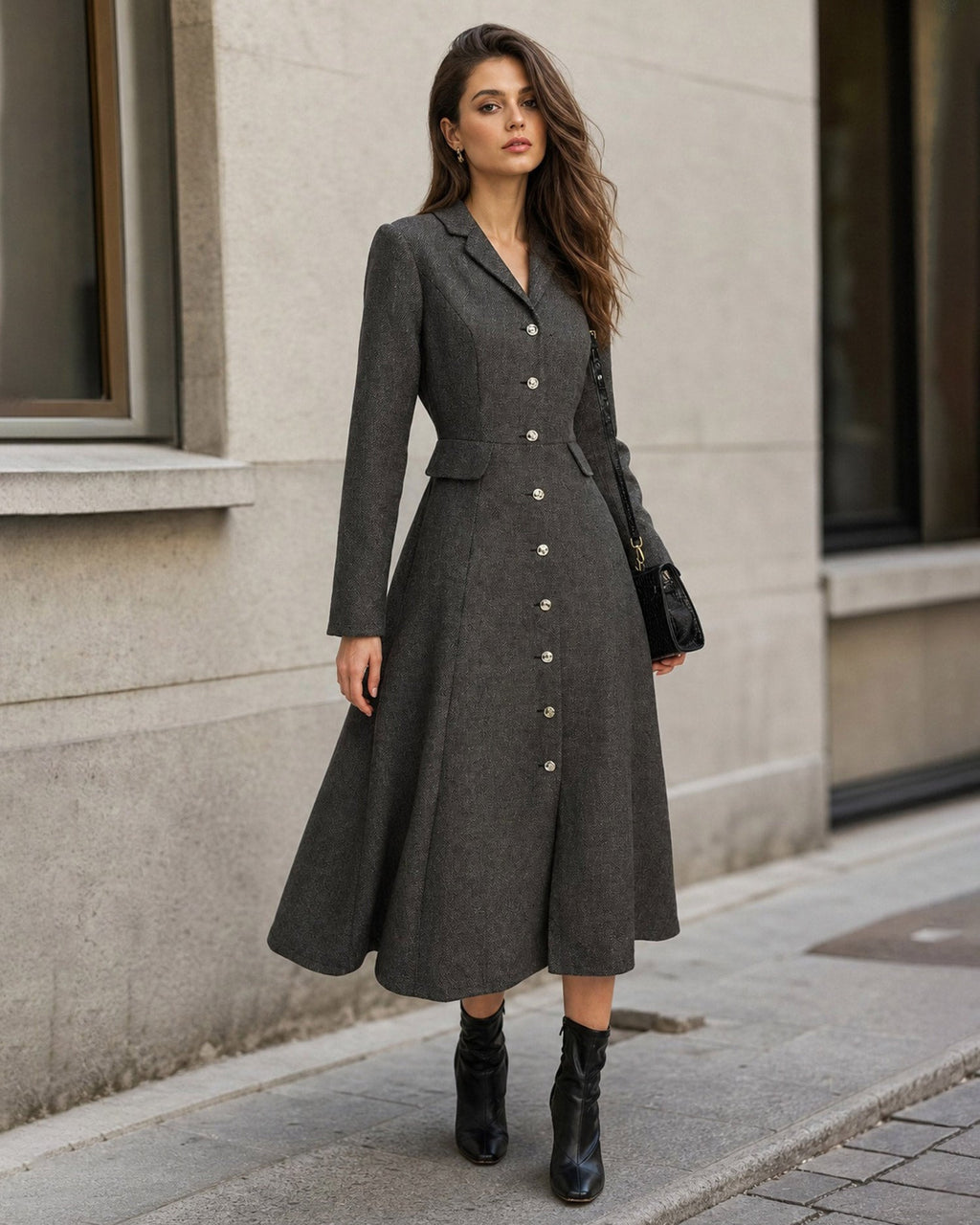 Button Through Maxi Dress with Notch Collar and Flared Skirt - Grey