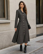 Button Through Maxi Dress with Notch Collar and Flared Skirt - Grey
