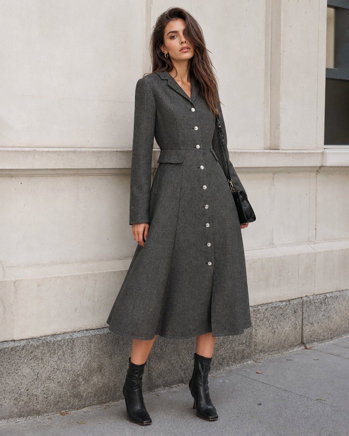 Button Through Maxi Dress with Notch Collar and Flared Skirt - Grey