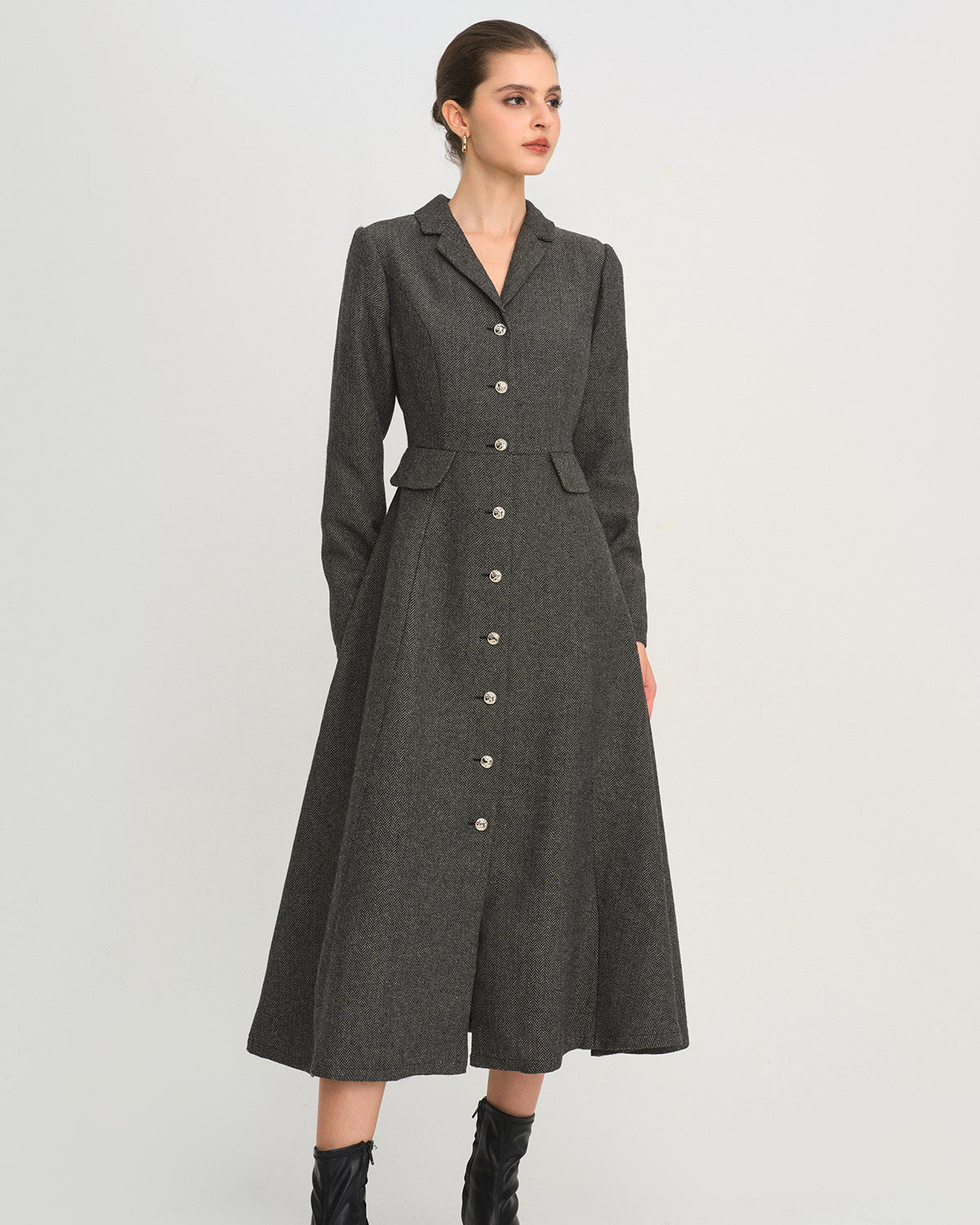 Button Through Maxi Dress with Notch Collar and Flared Skirt - Grey