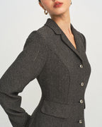 Button Through Maxi Dress with Notch Collar and Flared Skirt - Grey