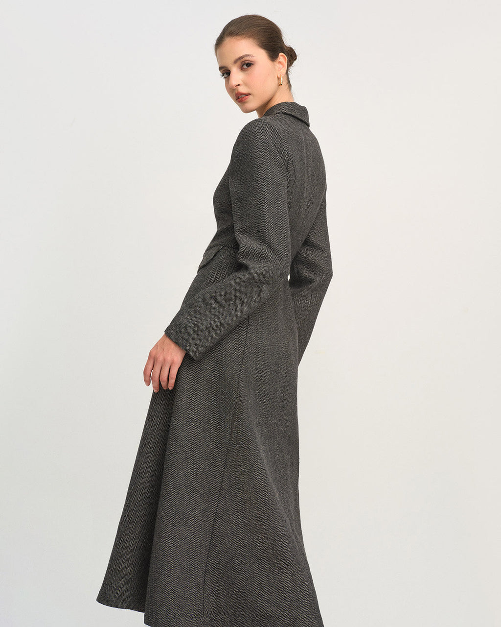 Button Through Maxi Dress with Notch Collar and Flared Skirt - Grey