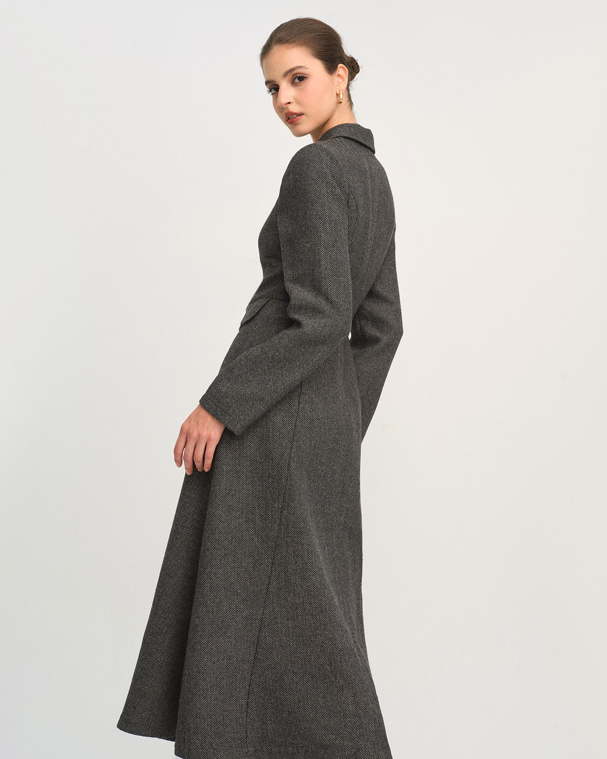 Button Through Maxi Dress with Notch Collar and Flared Skirt - Grey