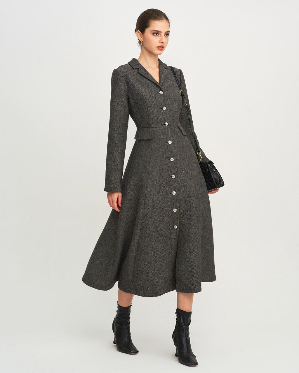 Button Through Maxi Dress with Notch Collar and Flared Skirt - Grey