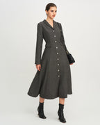 Button Through Maxi Dress with Notch Collar and Flared Skirt - Grey