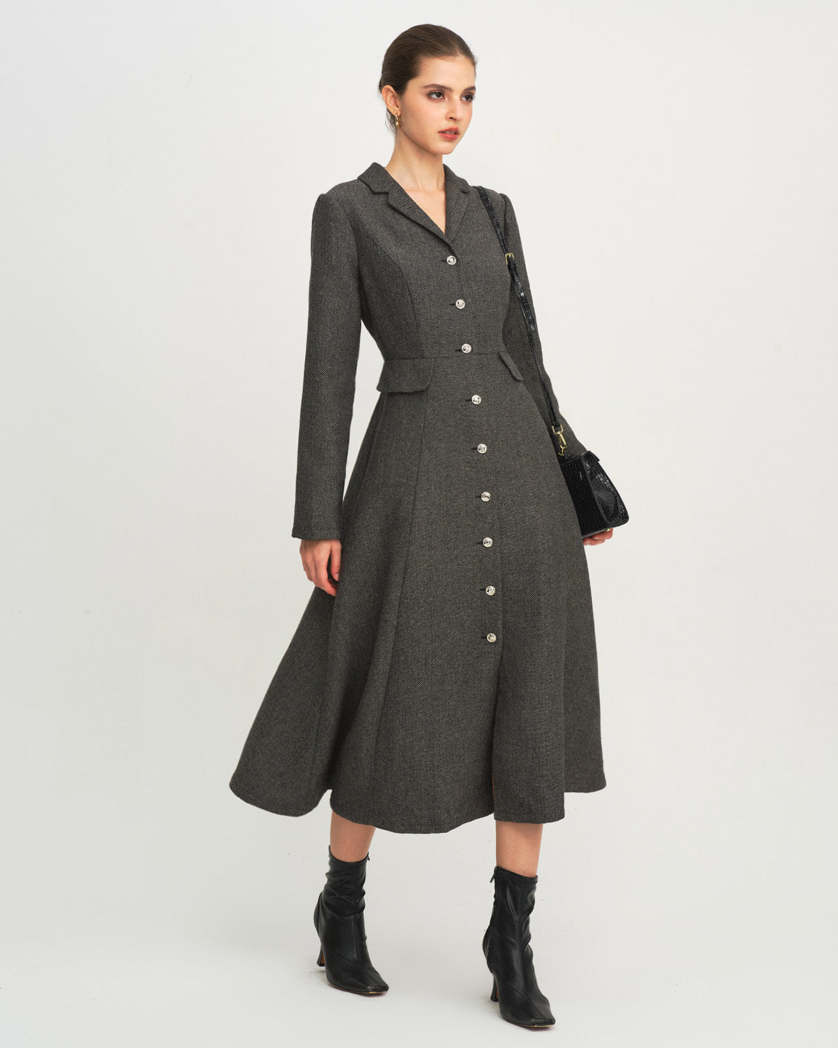 Button Through Maxi Dress with Notch Collar and Flared Skirt - Grey