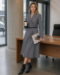 Button Through Midi Dress with Wrap Collar and Tie Belt - Grey