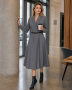 Button Through Midi Dress with Wrap Collar and Tie Belt - Grey