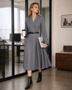 Button Through Midi Dress with Wrap Collar and Tie Belt - Grey
