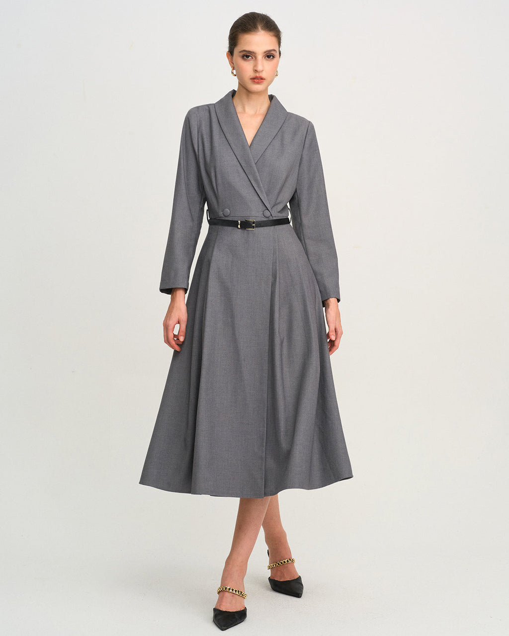 Button Through Midi Dress with Wrap Collar and Tie Belt - Grey