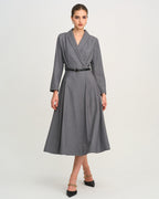 Button Through Midi Dress with Wrap Collar and Tie Belt - Grey