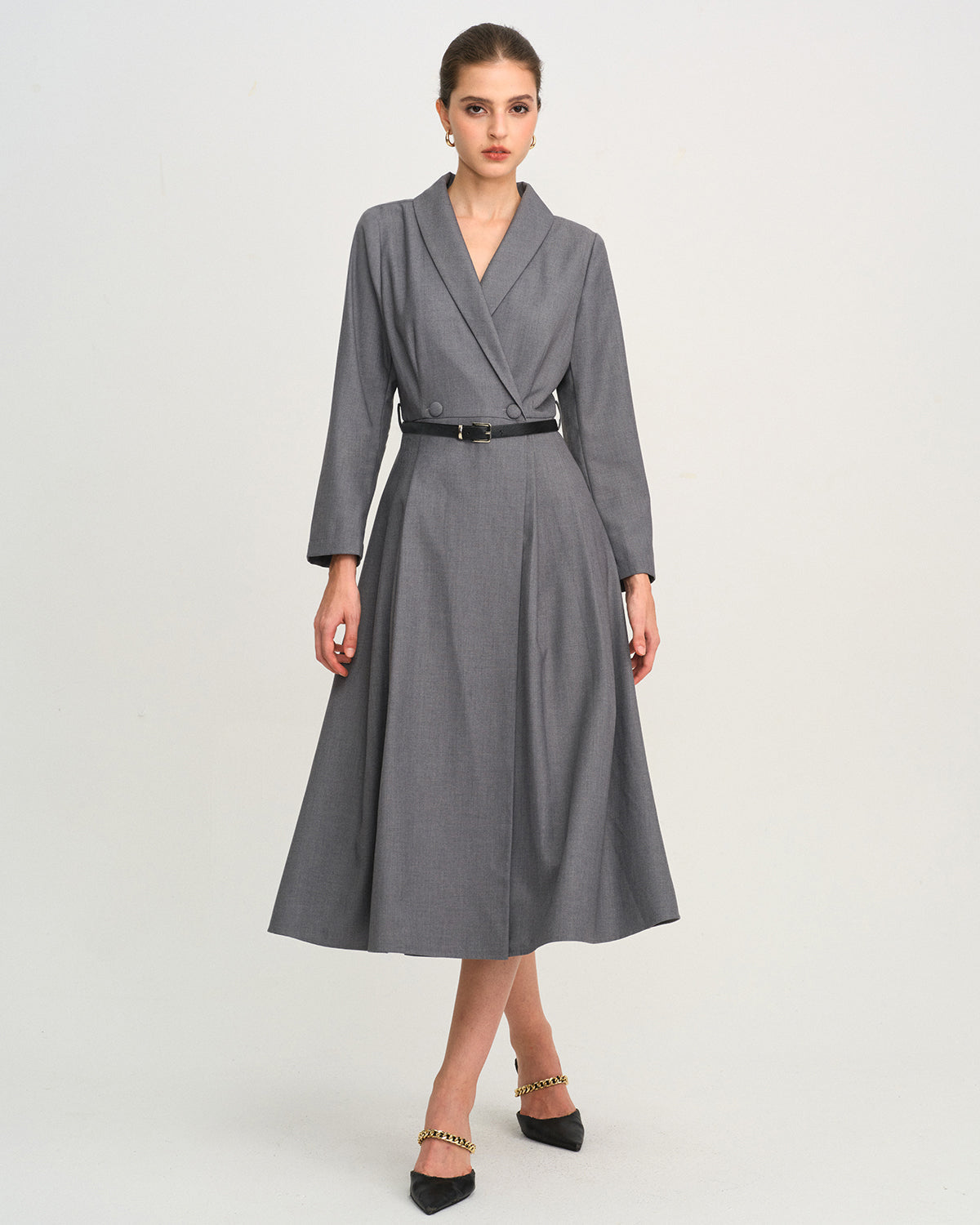 Button Through Midi Dress with Wrap Collar and Tie Belt - Grey