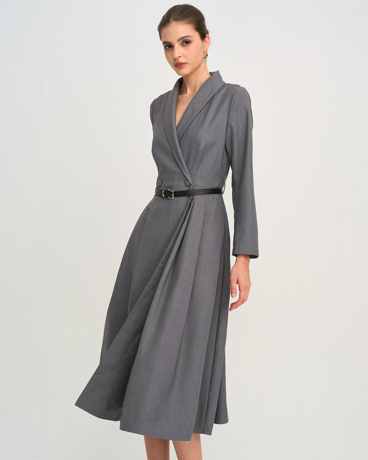 Button Through Midi Dress with Wrap Collar and Tie Belt - Grey