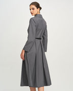 Button Through Midi Dress with Wrap Collar and Tie Belt - Grey
