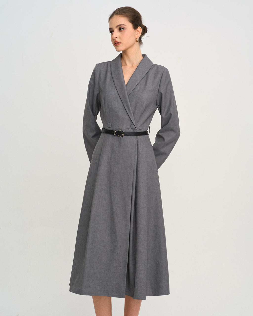 Button Through Midi Dress with Wrap Collar and Tie Belt - Grey