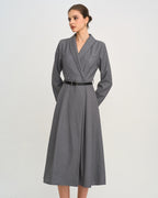 Button Through Midi Dress with Wrap Collar and Tie Belt - Grey