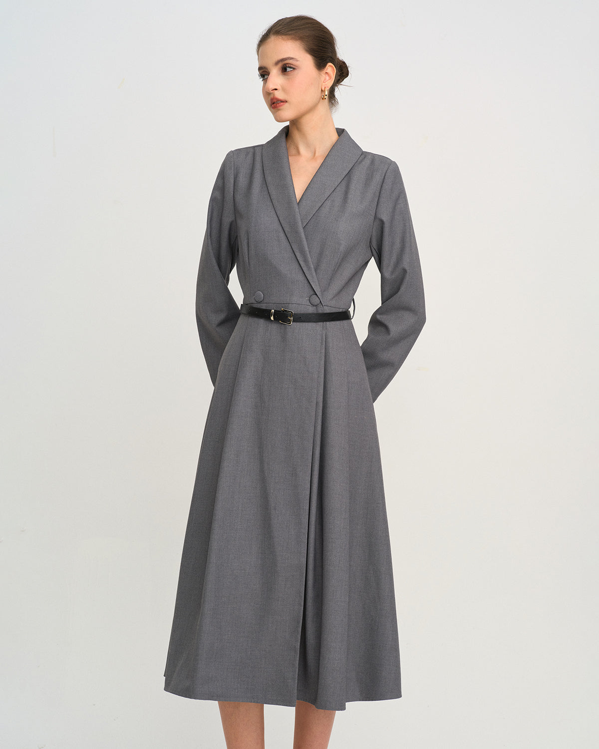 Button Through Midi Dress with Wrap Collar and Tie Belt - Grey