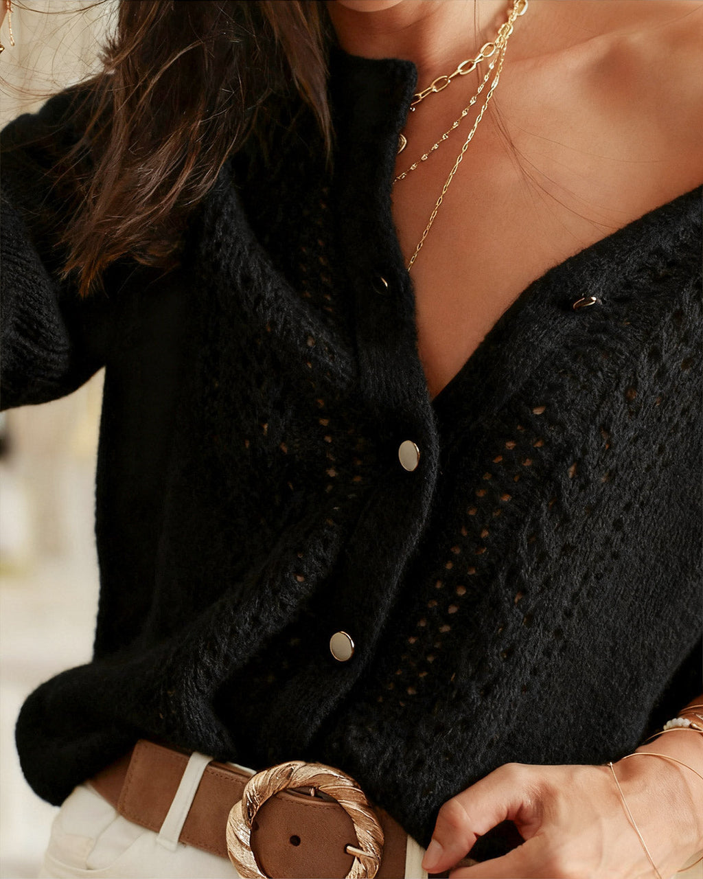 Cable Knit Cardigan with Round Neck and Balloon Sleeves - Black