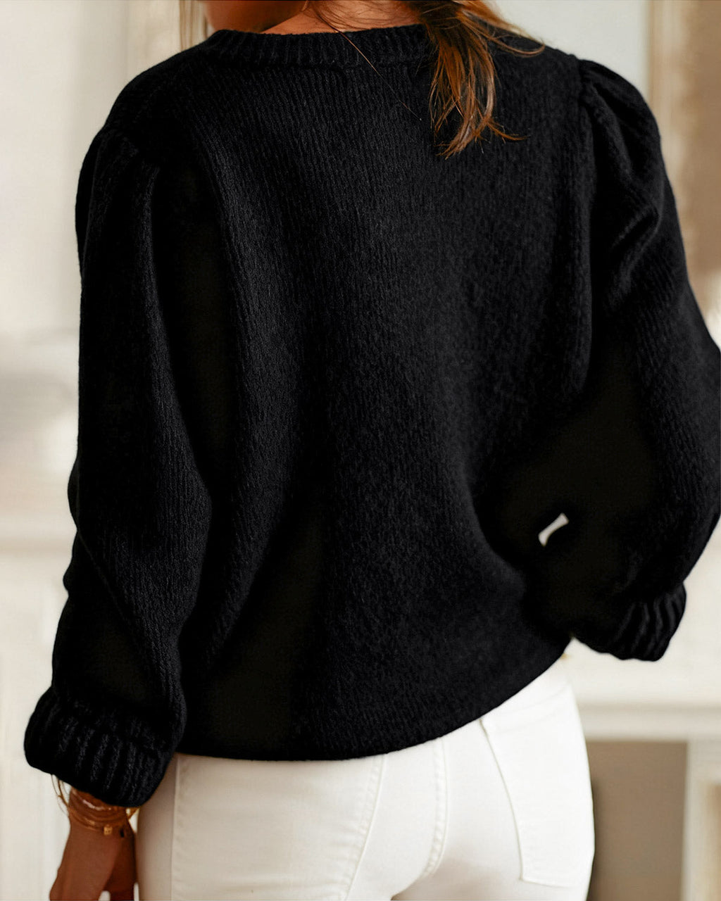 Cable Knit Cardigan with Round Neck and Balloon Sleeves - Black