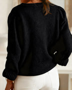 Cable Knit Cardigan with Round Neck and Balloon Sleeves - Black