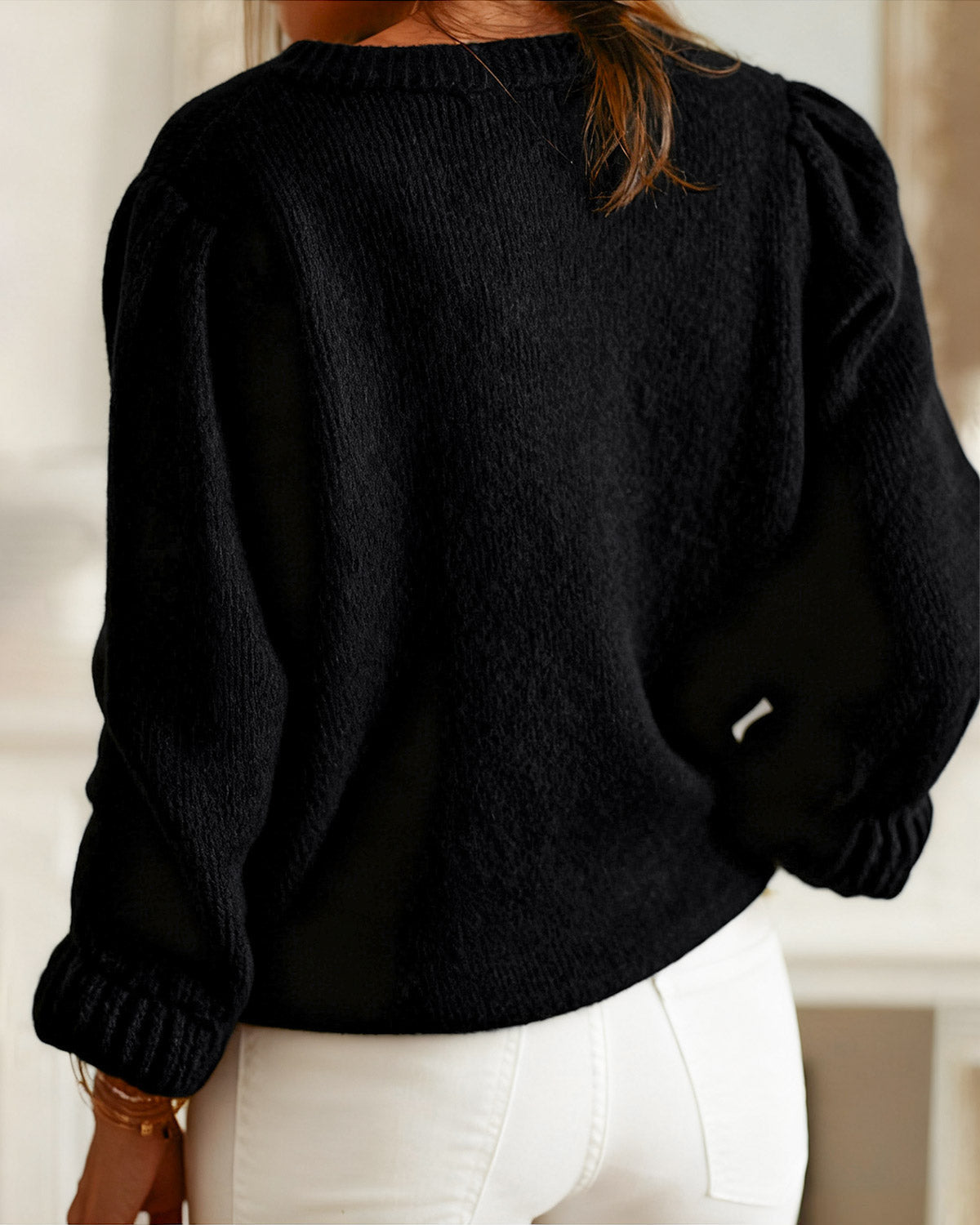 Cable Knit Cardigan with Round Neck and Balloon Sleeves - Black