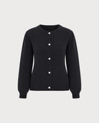 Cable Knit Cardigan with Round Neck and Balloon Sleeves - Black