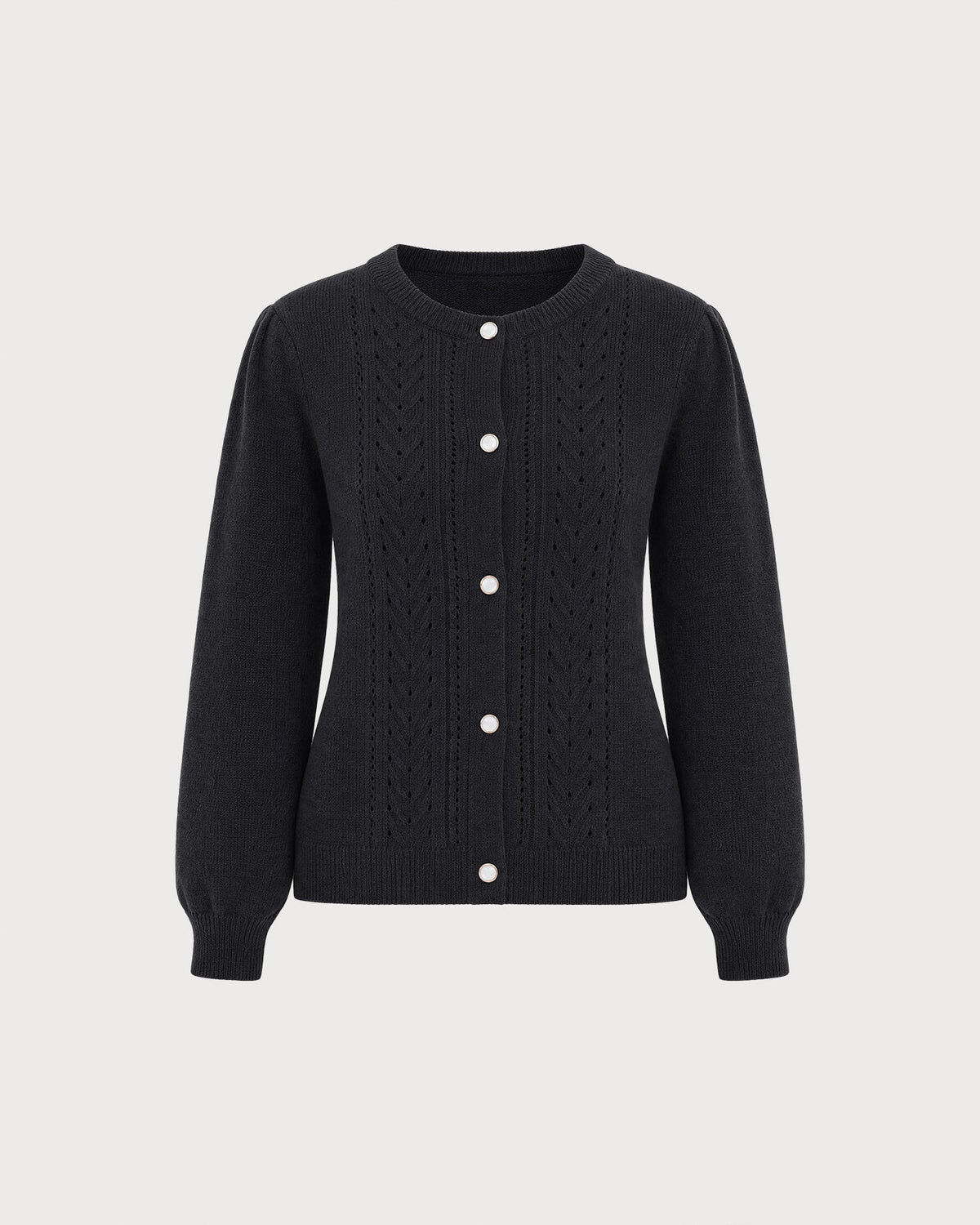 Cable Knit Cardigan with Round Neck and Balloon Sleeves - Black