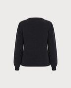Cable Knit Cardigan with Round Neck and Balloon Sleeves - Black