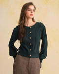 Cable Knit Cardigan with Round Neck and Lantern Sleeves - Green