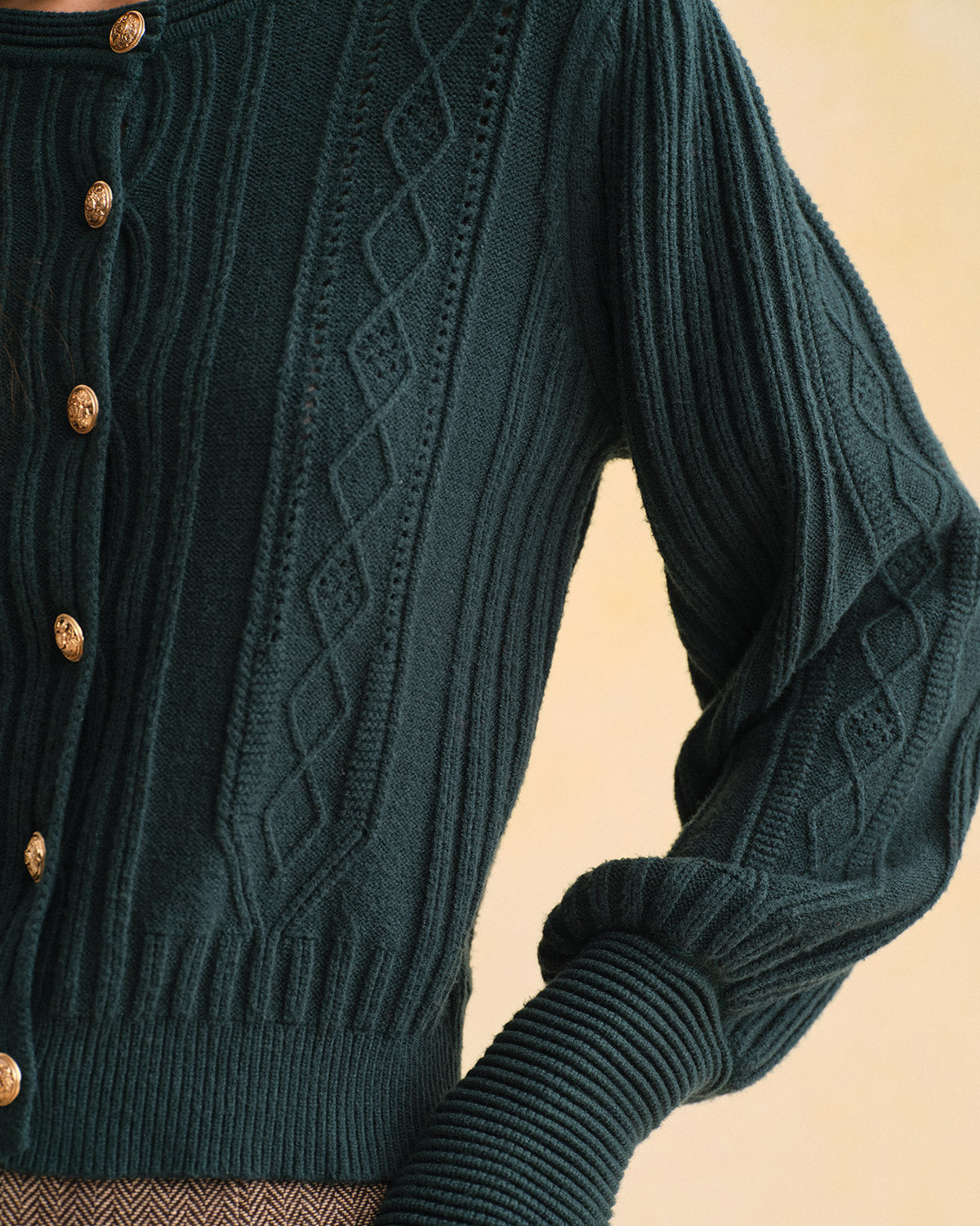 Cable Knit Cardigan with Round Neck and Lantern Sleeves - Green