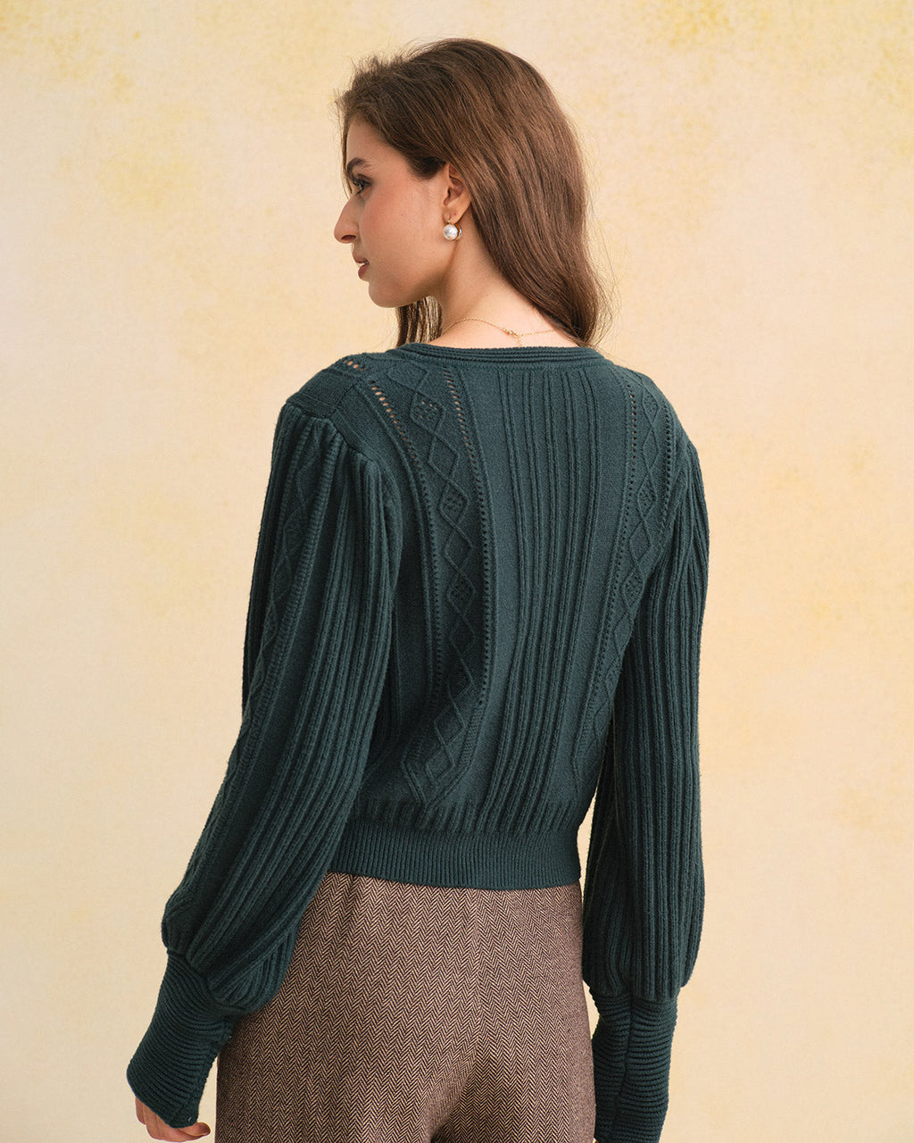 Cable Knit Cardigan with Round Neck and Lantern Sleeves - Green