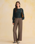 Cable Knit Cardigan with Round Neck and Lantern Sleeves - Green
