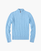 Cable Knit Half Zip Jumper with High Neck, Cotton - Baby Blue