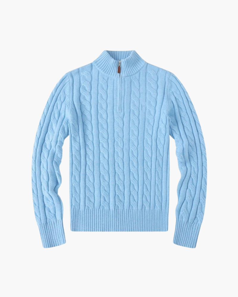 Cable Knit Half Zip Jumper with High Neck, Cotton - Baby Blue