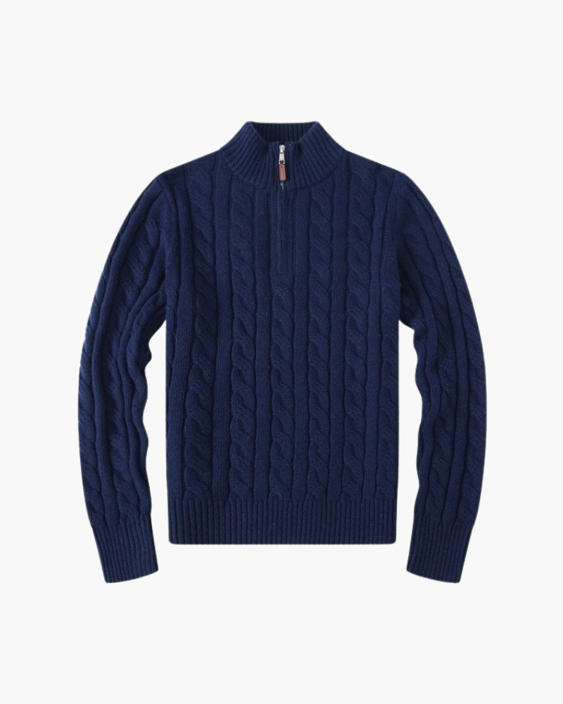 Cable Knit Half Zip Jumper with High Neck, Cotton - Marine Blue