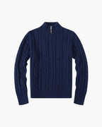 Cable Knit Half Zip Jumper with High Neck, Cotton - Marine Blue