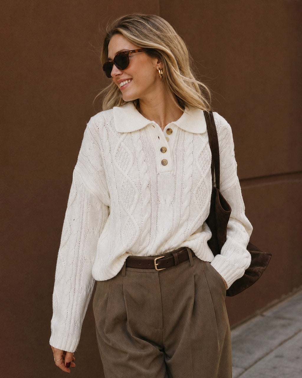 Cable Knit Jumper with Polo Collar and Button Placket - Beige
