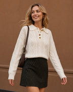 Cable Knit Jumper with Polo Collar and Button Placket - Beige