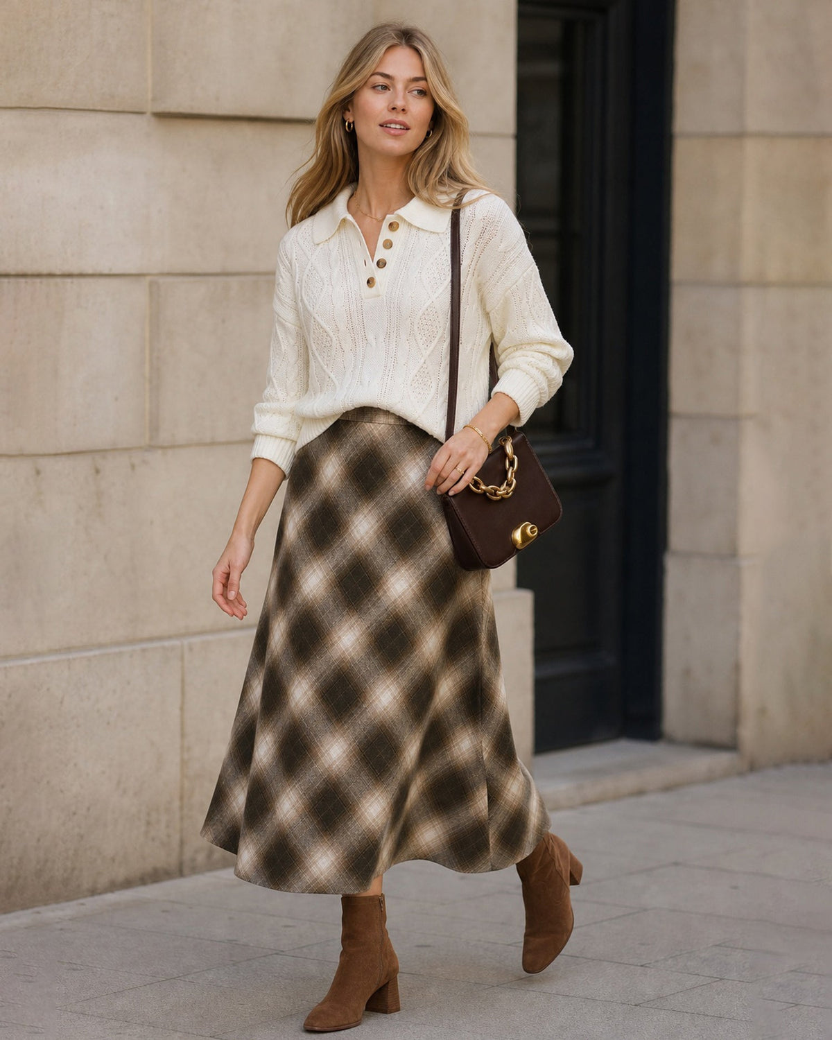 Cable Knit Jumper with Polo Collar and Button Placket - Beige