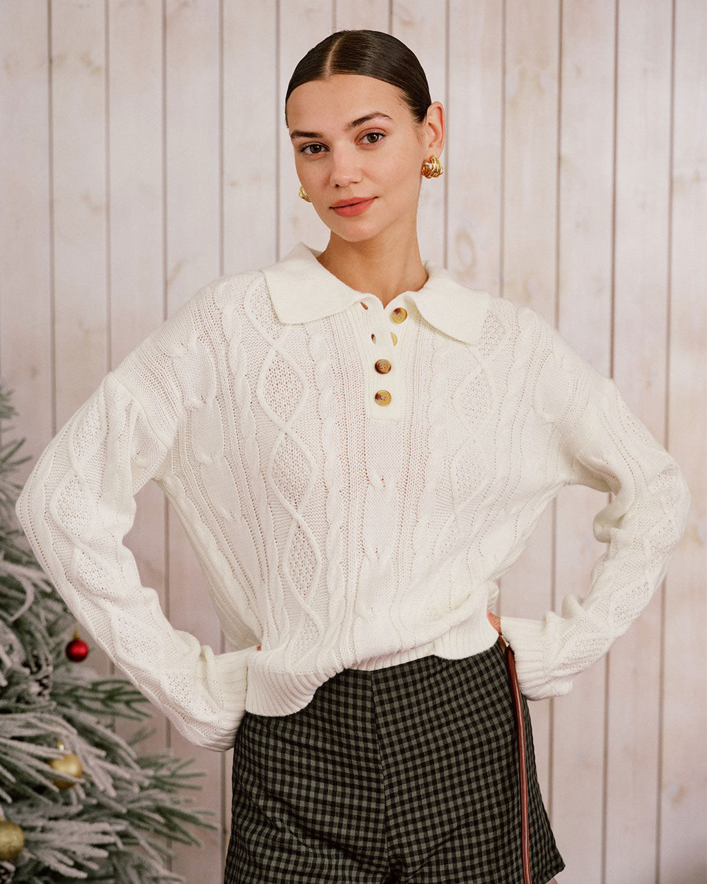 Cable Knit Jumper with Polo Collar and Button Placket - Beige