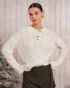 Cable Knit Jumper with Polo Collar and Button Placket - Beige