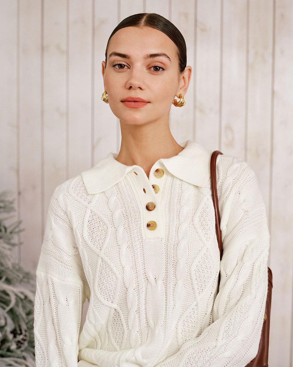 Cable Knit Jumper with Polo Collar and Button Placket - Beige