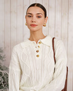 Cable Knit Jumper with Polo Collar and Button Placket - Beige