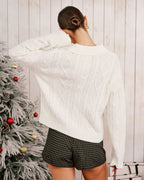 Cable Knit Jumper with Polo Collar and Button Placket - Beige