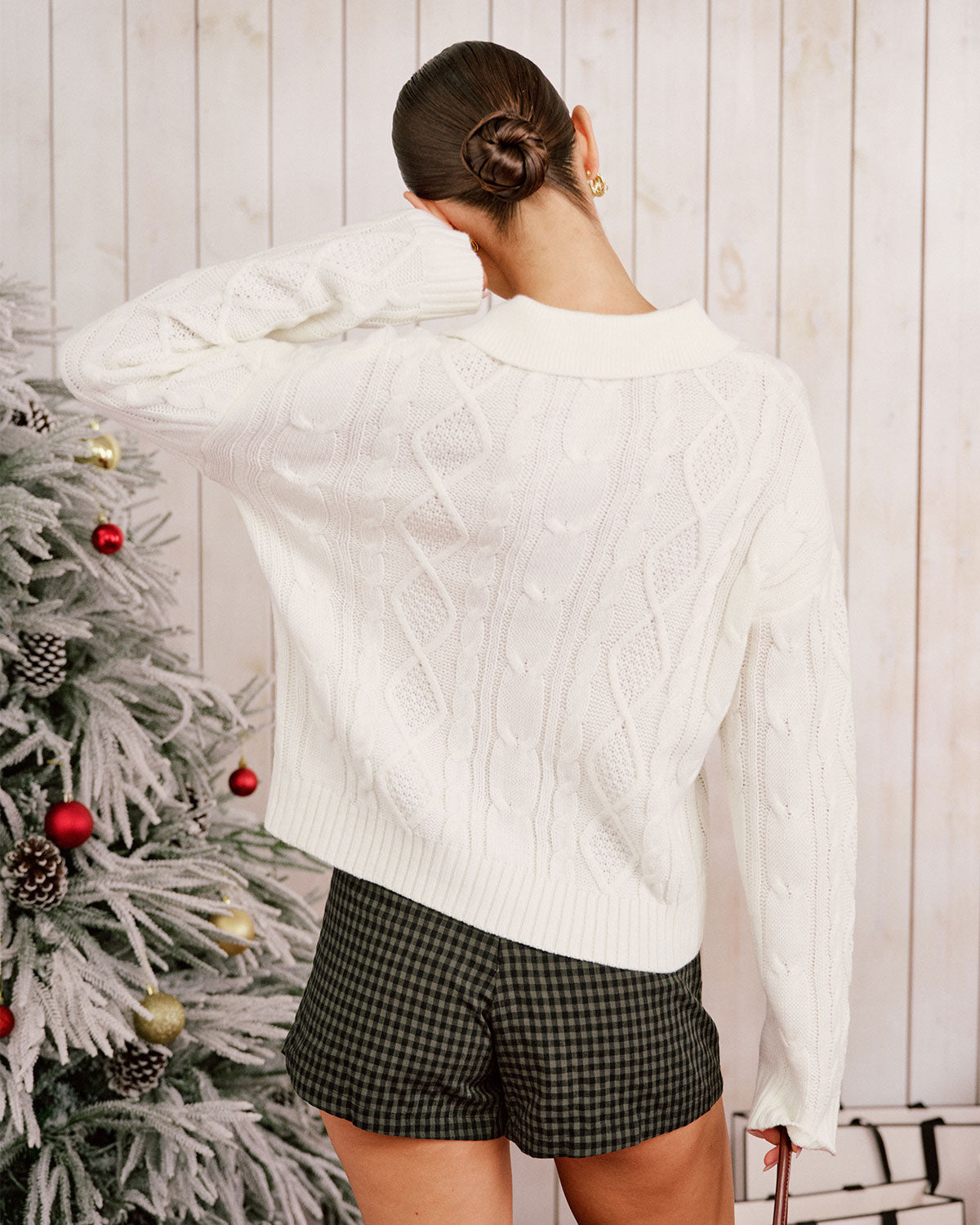 Cable Knit Jumper with Polo Collar and Button Placket - Beige