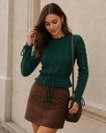 Cable Knit Jumper with Scalloped Hem and Tie Cuffs - Green