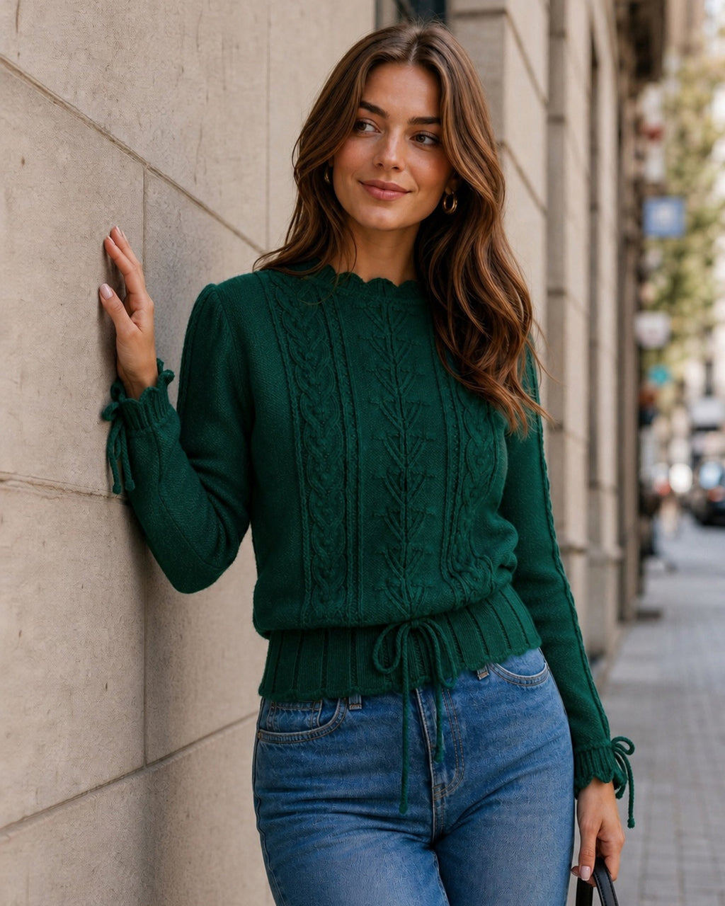 Cable Knit Jumper with Scalloped Hem and Tie Cuffs - Green