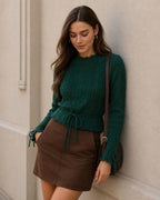 Cable Knit Jumper with Scalloped Hem and Tie Cuffs - Green
